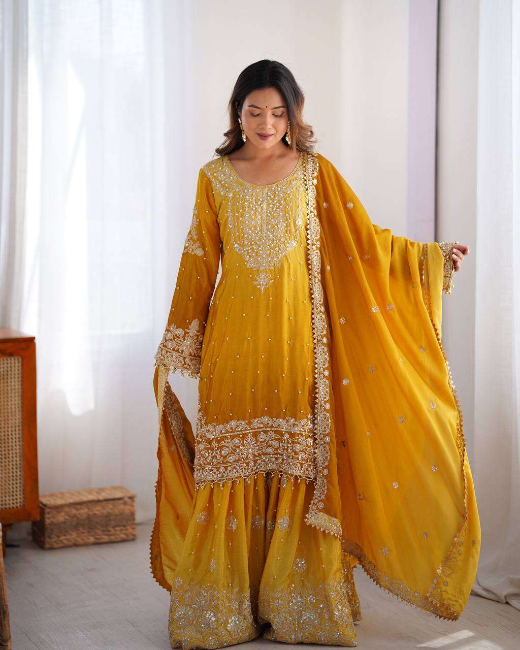 Women's Chinon Silk Sequence With Rivet Moti Work Straight Kurta With Sharara and Dupatta Set - Image 39