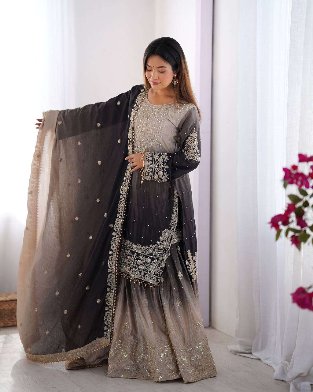 Women's Chinon Silk Sequence With Rivet Moti Work Straight Kurta With Sharara and Dupatta Set - Image 7