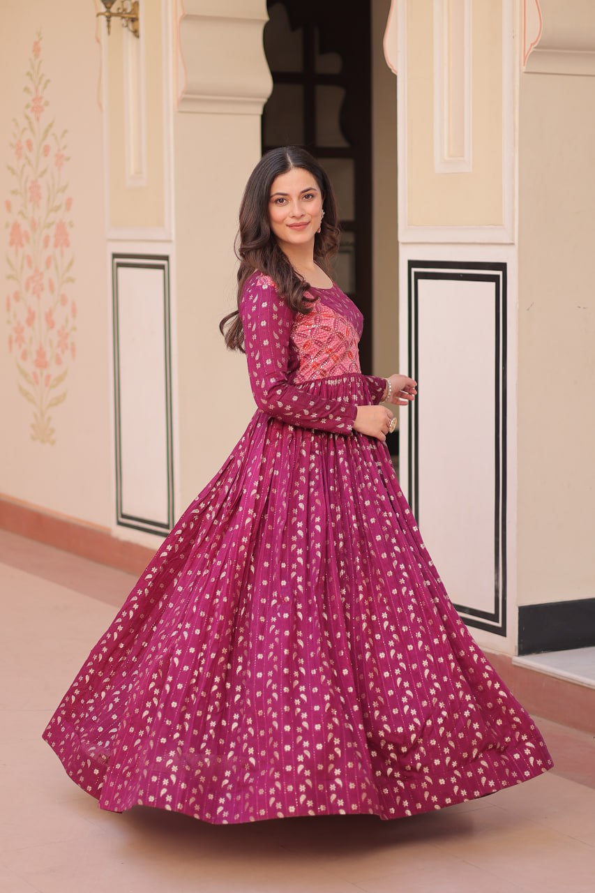 Women's Festive Berry Purple Printed Anarkali Gown with Intricate Zari Work & Embellished Yoke – Perfect for Traditional & Celebration Wear - Image 4
